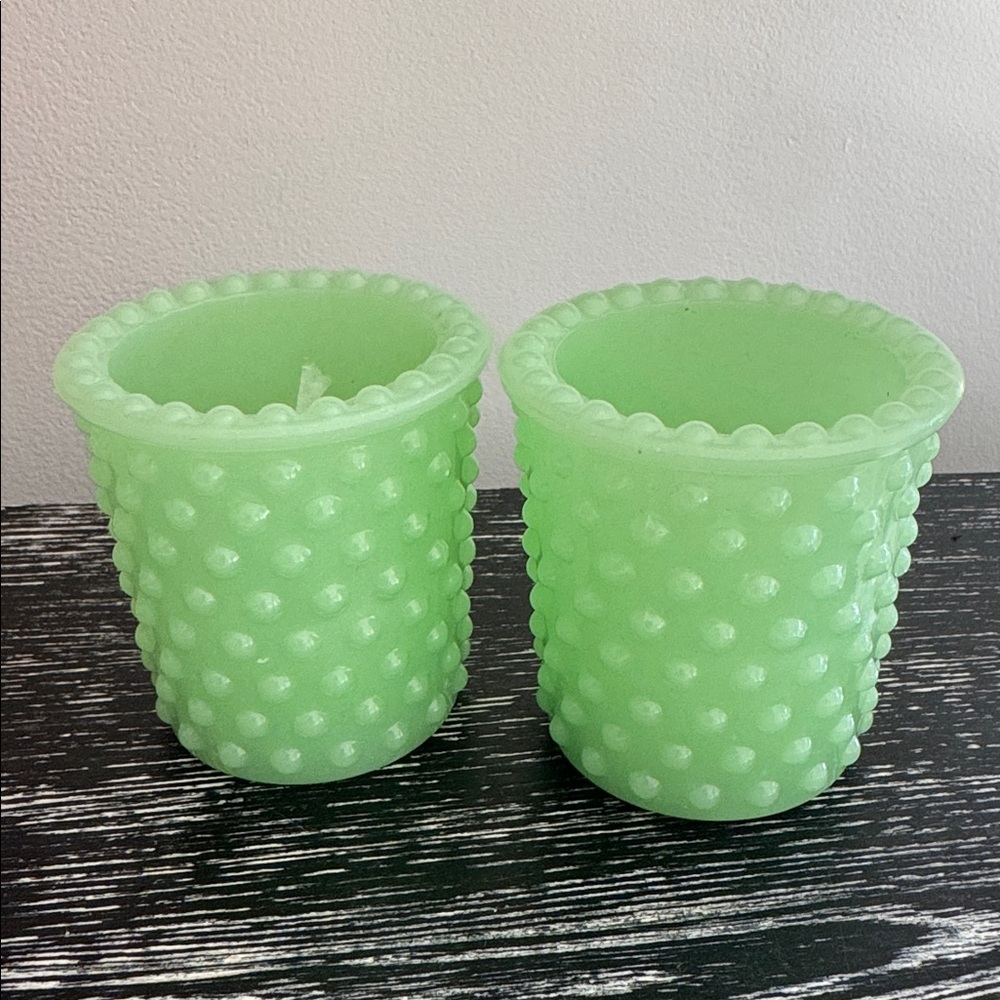 Faux vintage Hobnail green milk glass candle holder.